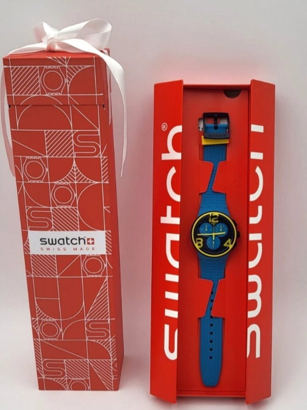Swatch ON YOUR MARK SUSS100 Blue Yellow Chronograph Swiss Quartz Watch 42mm
